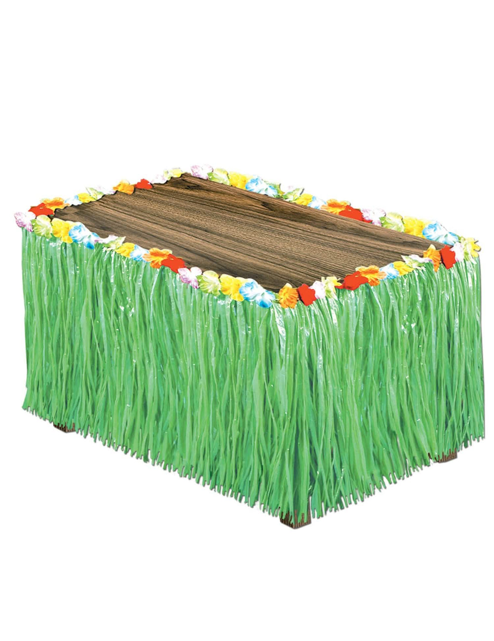 Fustă de masă hawaii verde cu bordură de flori multicolore