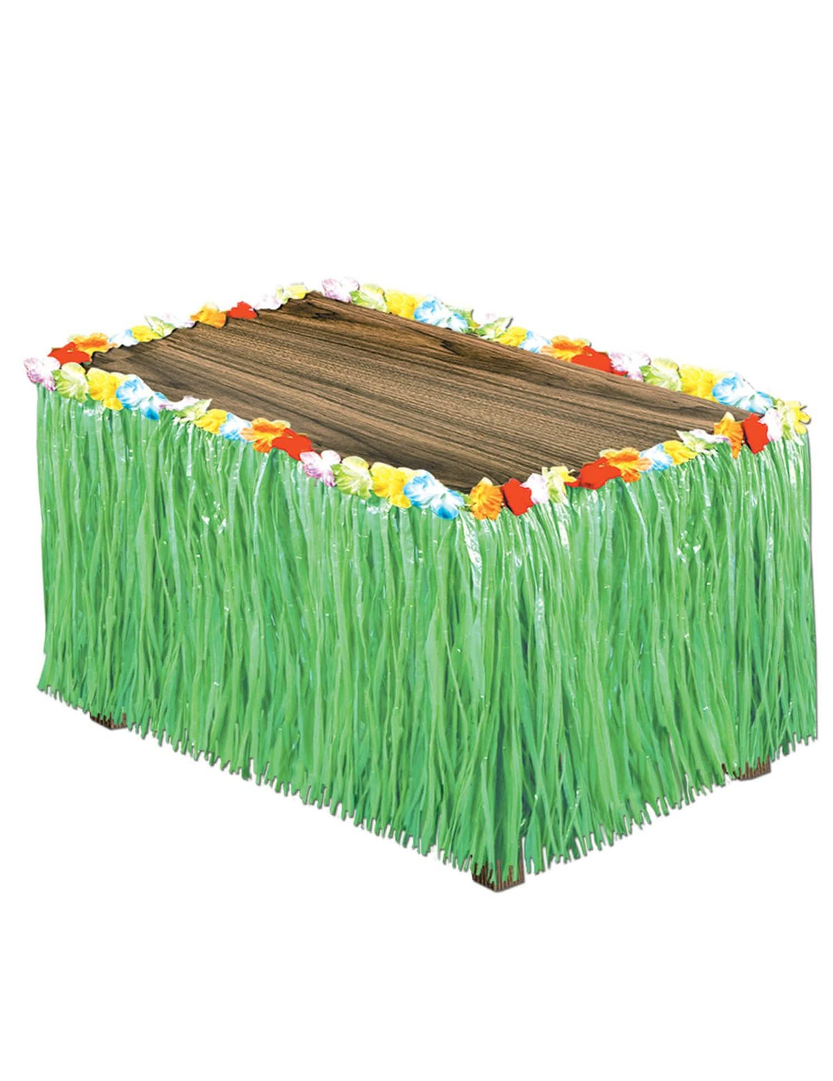 Fustă de masă hawaii verde cu bordură de flori multicolore