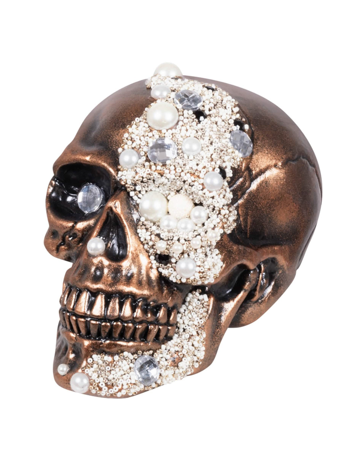 Decorațiune craniu împodobit cu diamante pentru halloween bronz și perle albe
