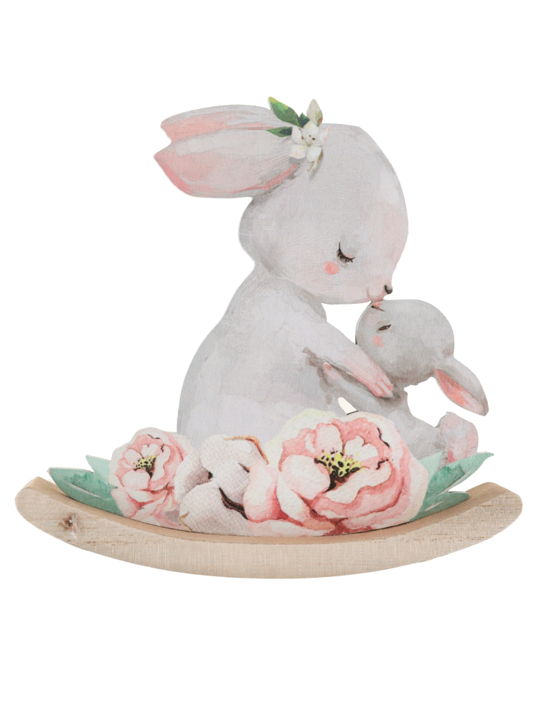 Décoration en bois culbuto Pâques fleuri lapins pour la maison aquarelle et fleurs roses
