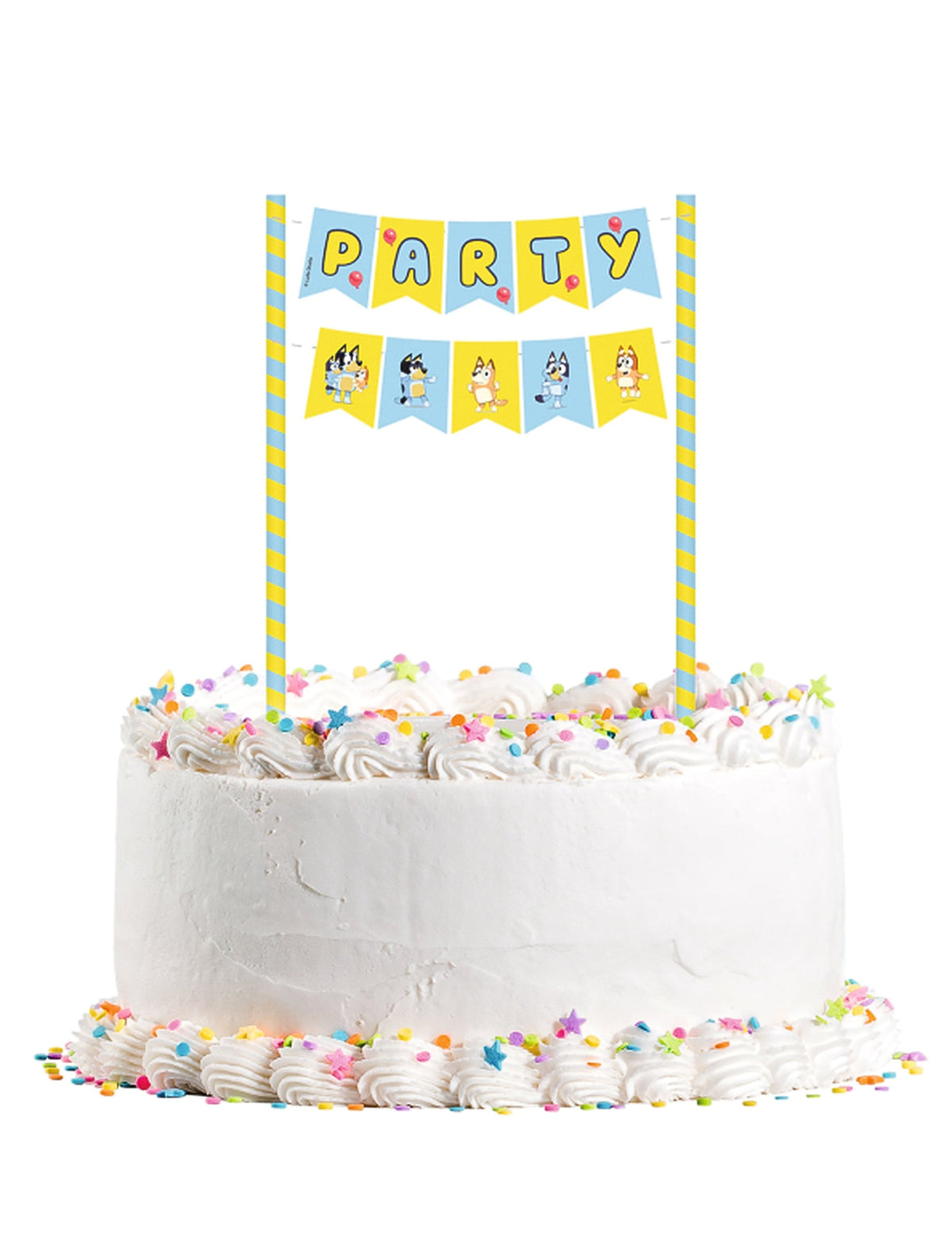 Décoration de gâteau Bluey pour enfant bleue et jaune avec fanions Party
