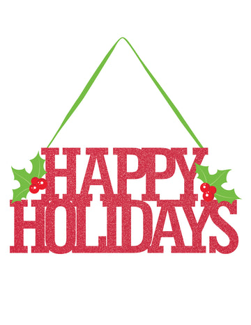 Decorațiune de ușă cu mesajul „Sărbători fericite”, sclipici roșu, 33 cm