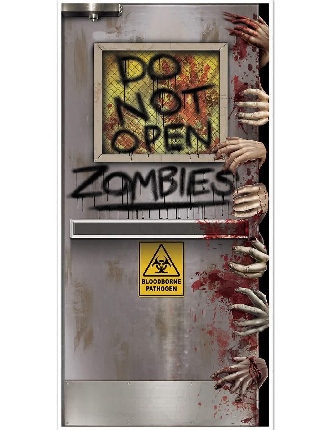 Décoration de porte laboratoire zombie grise avec mains ensanglantées et message Do Not Open