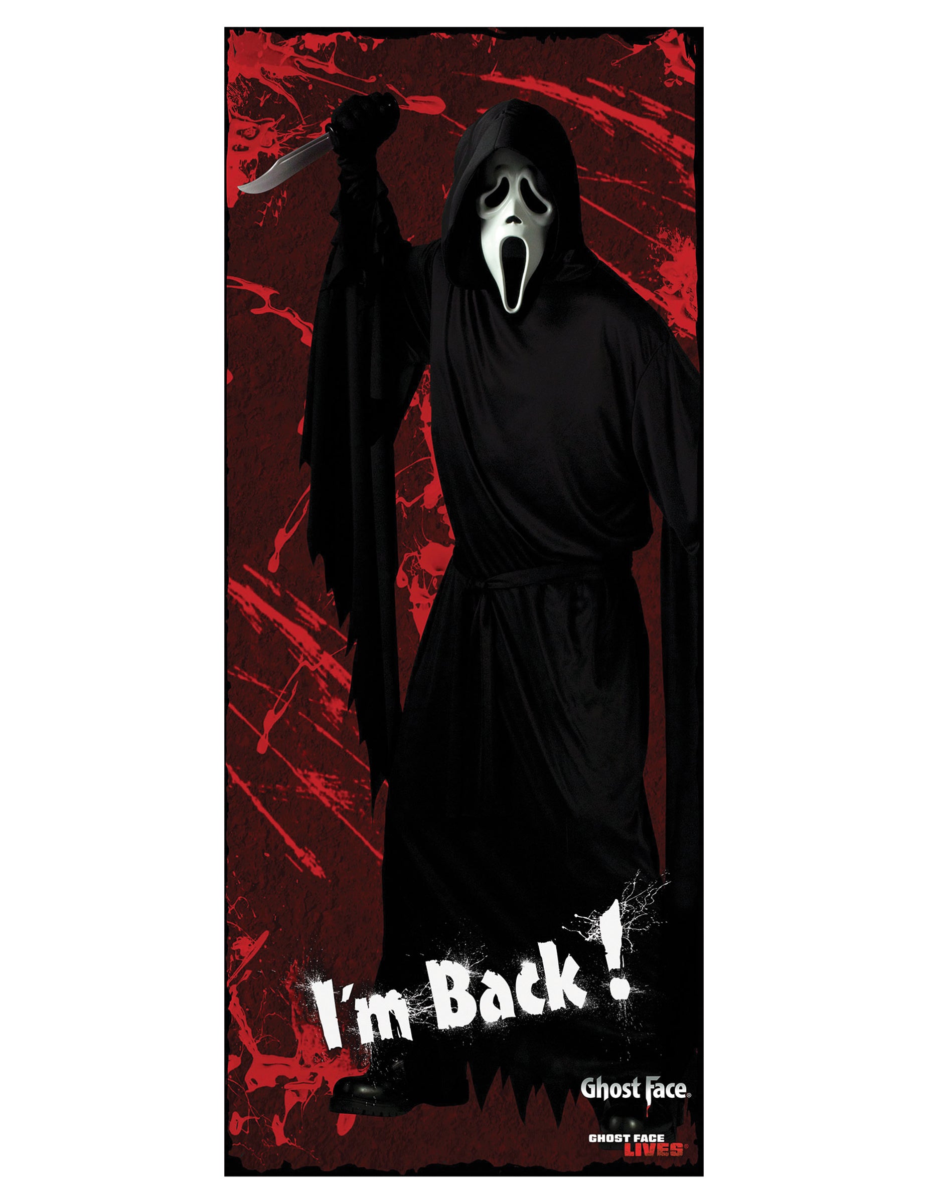 Décoration de porte Scream pour Halloween noir et rouge avec motif Ghostface et couteau