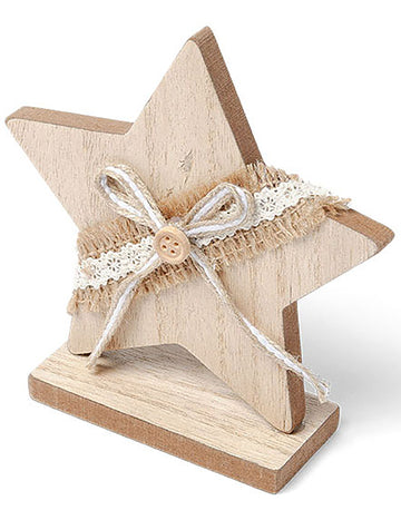 Decorațiune stea din lemn cu iută și dantelă 13 cm 