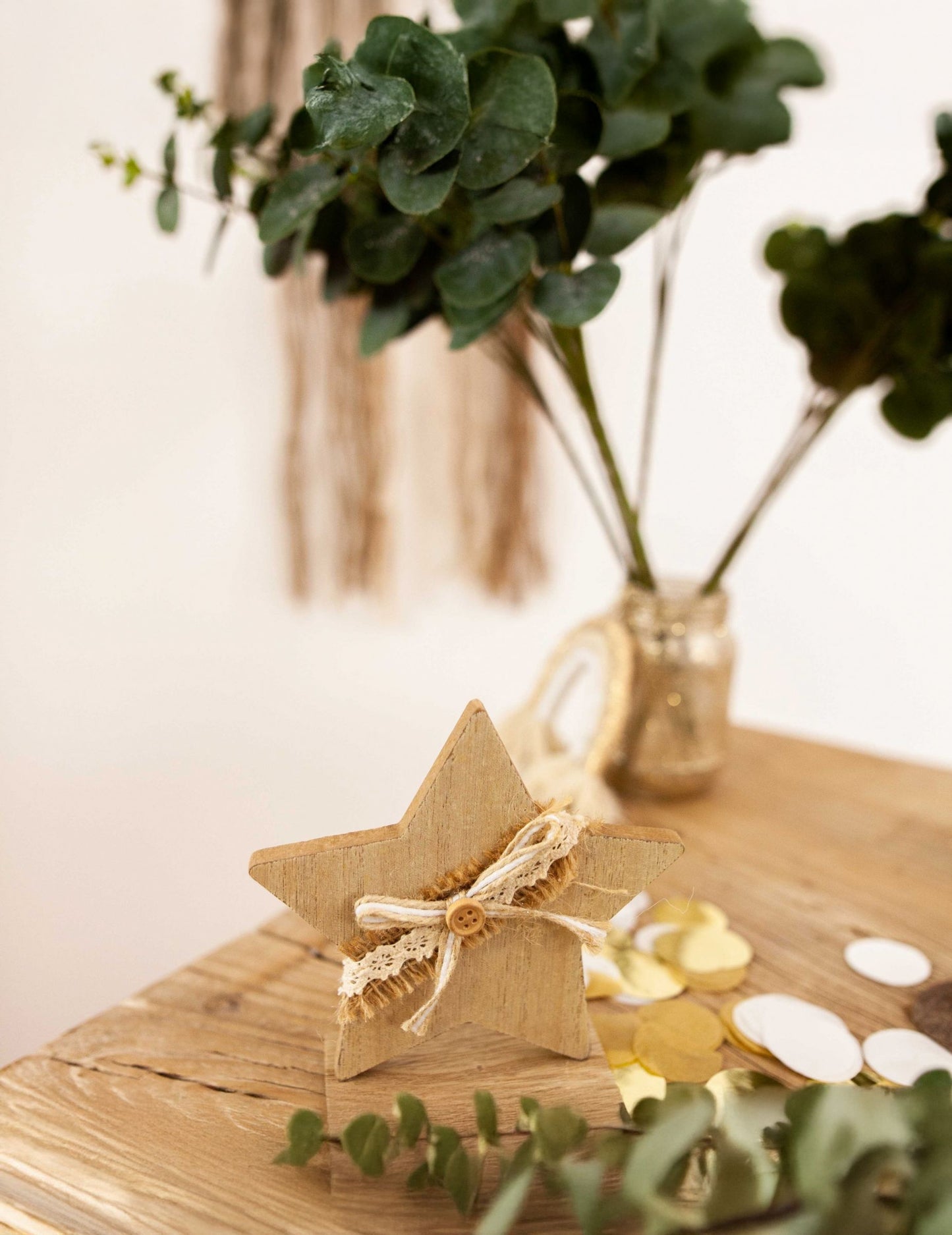 Decorațiune stea din lemn cu iută și dantelă 13 cm 