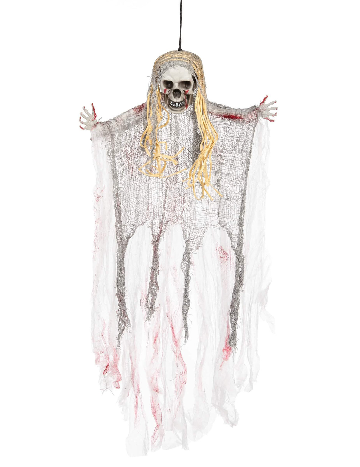 Decorațiune fantomă sângerie pentru halloween albă și gri cu păr blond