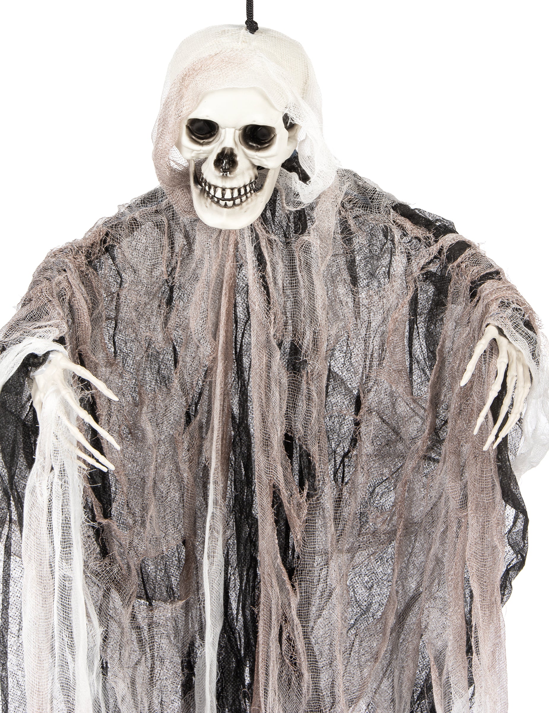 Gros plan sur le crâne et les mains de la décoration faucheur squelette à suspendre