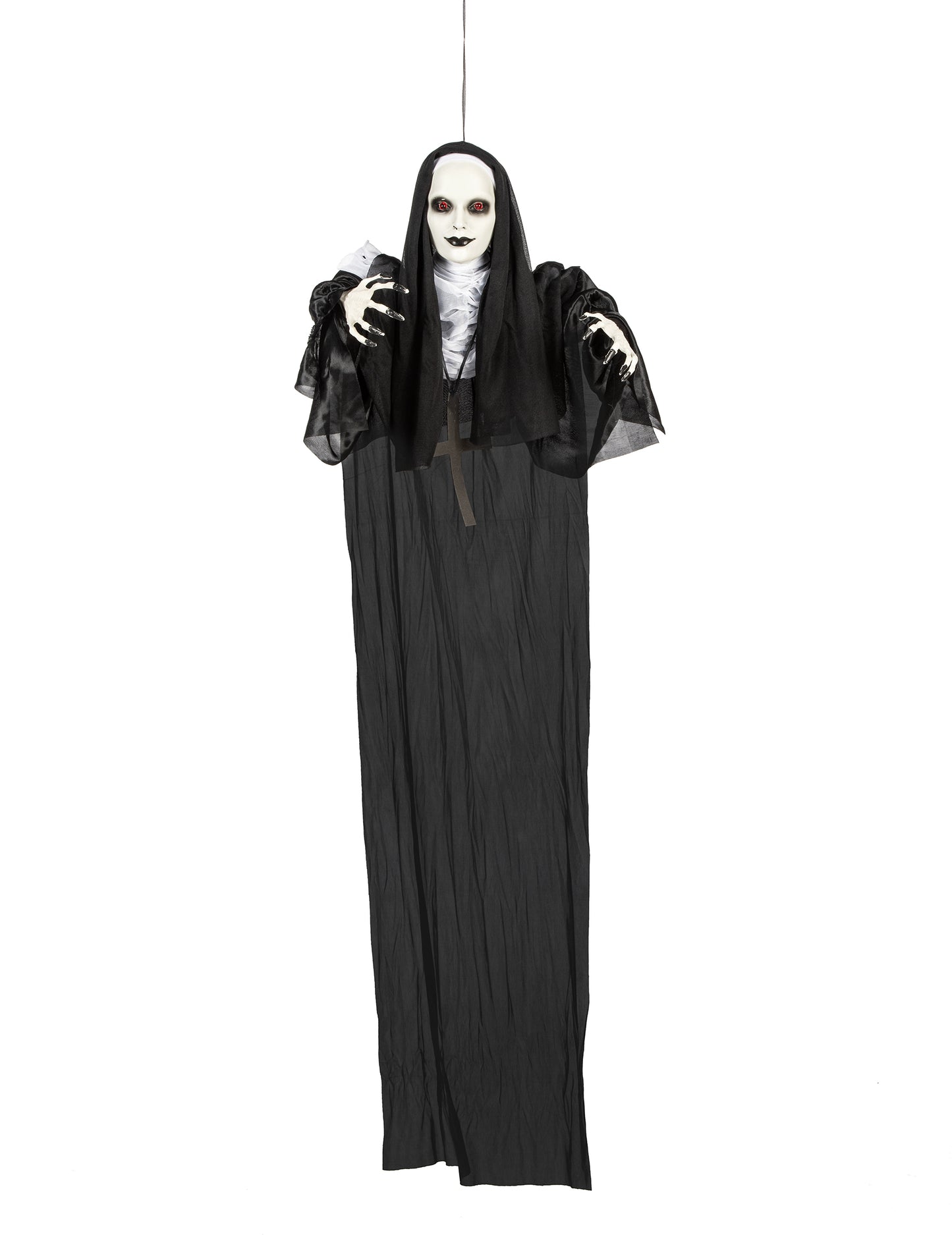 Decorațiune luminoasă de călugăriță suspendată pentru Halloween, neagră și albă, cu ochi roșii