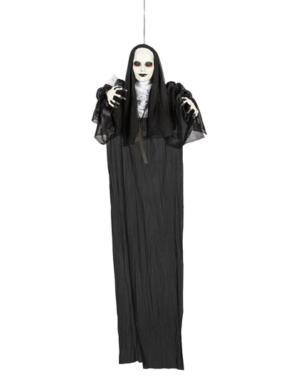Decorațiune luminoasă de călugăriță suspendată pentru Halloween, neagră și albă, cu ochi roșii