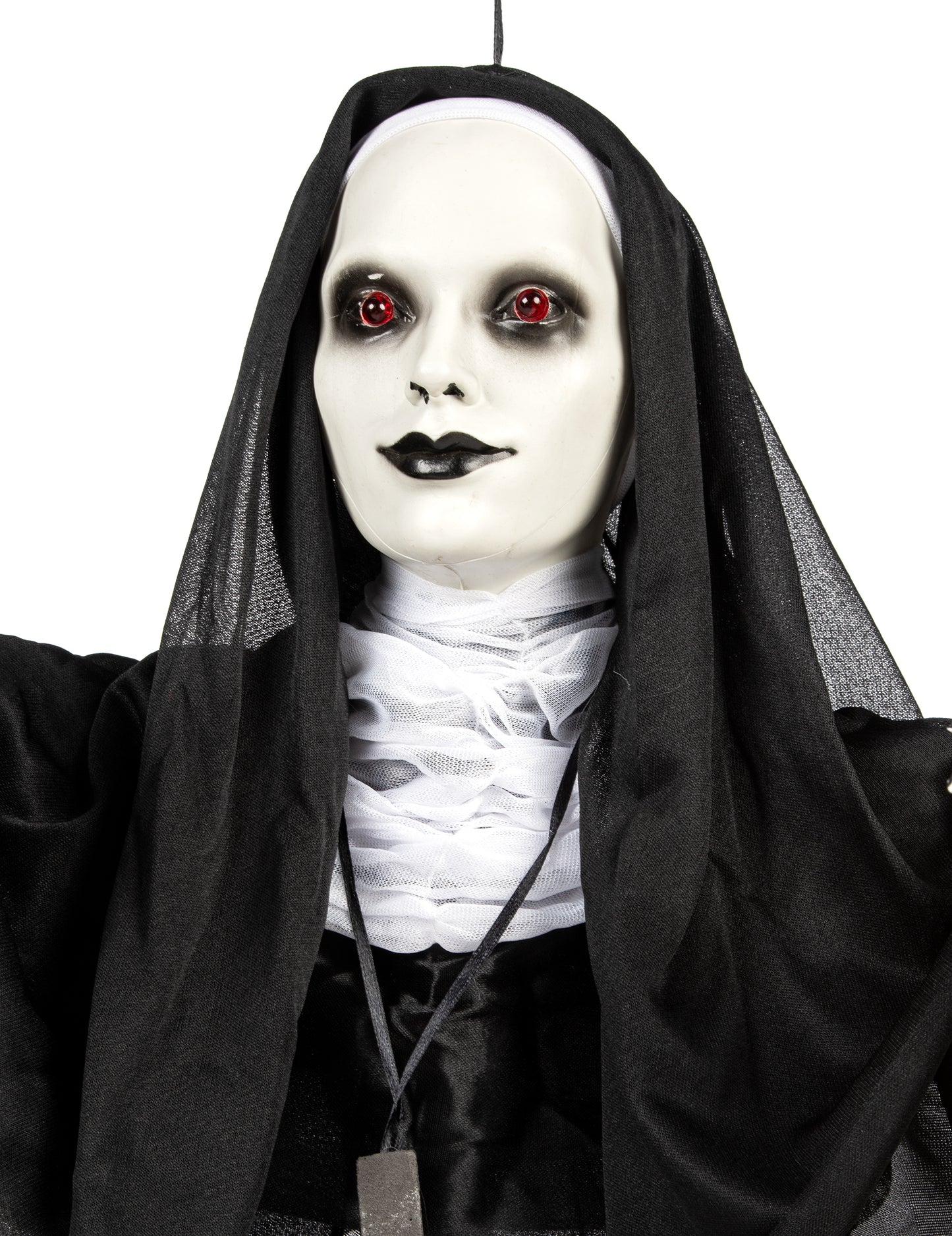 Detaliu al bustului și al feței decorațiunii luminoase de călugăriță suspendată