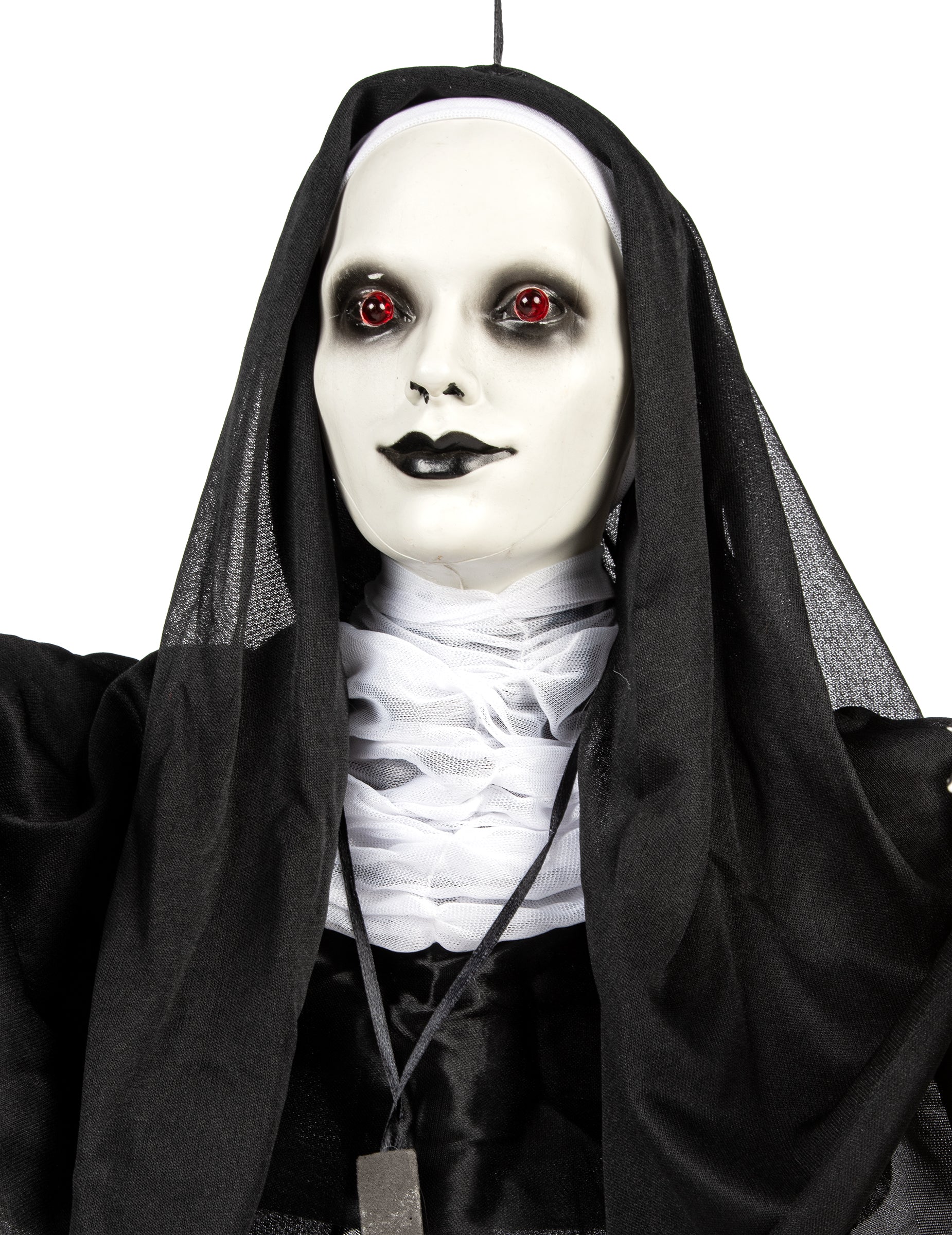 Detaliu al bustului și al feței decorațiunii luminoase de călugăriță suspendată