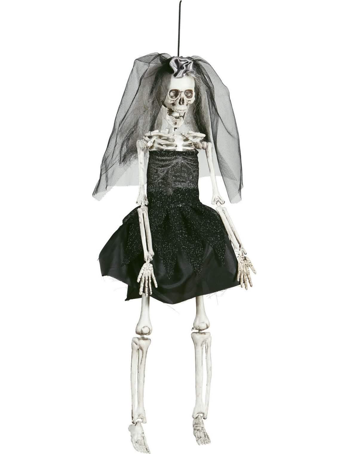 Decorațiune mireasă pentru halloween neagră cu rochie de schelet și voal din tull