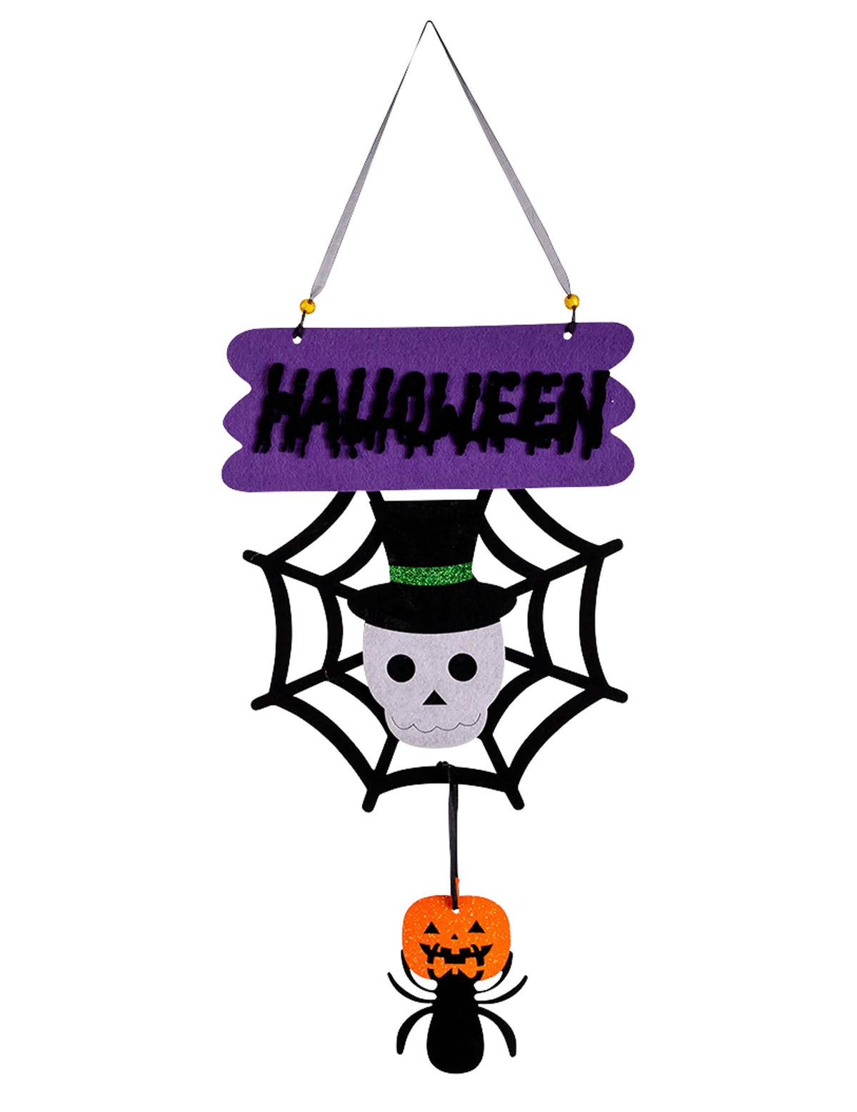 Decorațiune mică schelet pentru halloween violetă și neagră cu pânză de păianjen și dovleac