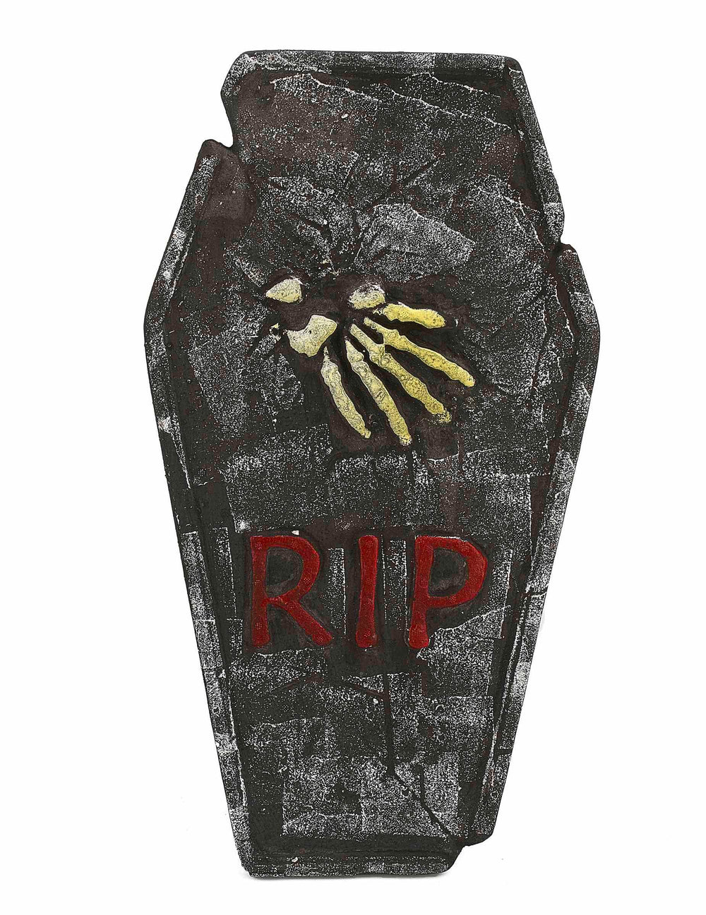 Decorațiune piatră tombală halloween gri cu inscripția RIP roșu și mână de schelet