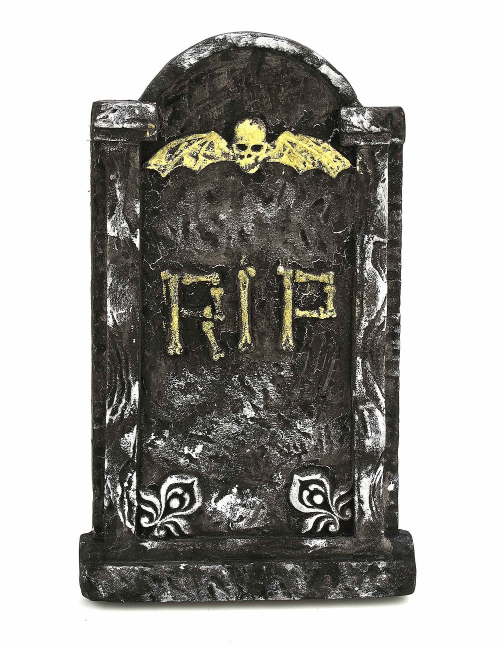 Decorațiune piatră funerară halloween gri și aurie cu craniu înaripat și inscripție RIP