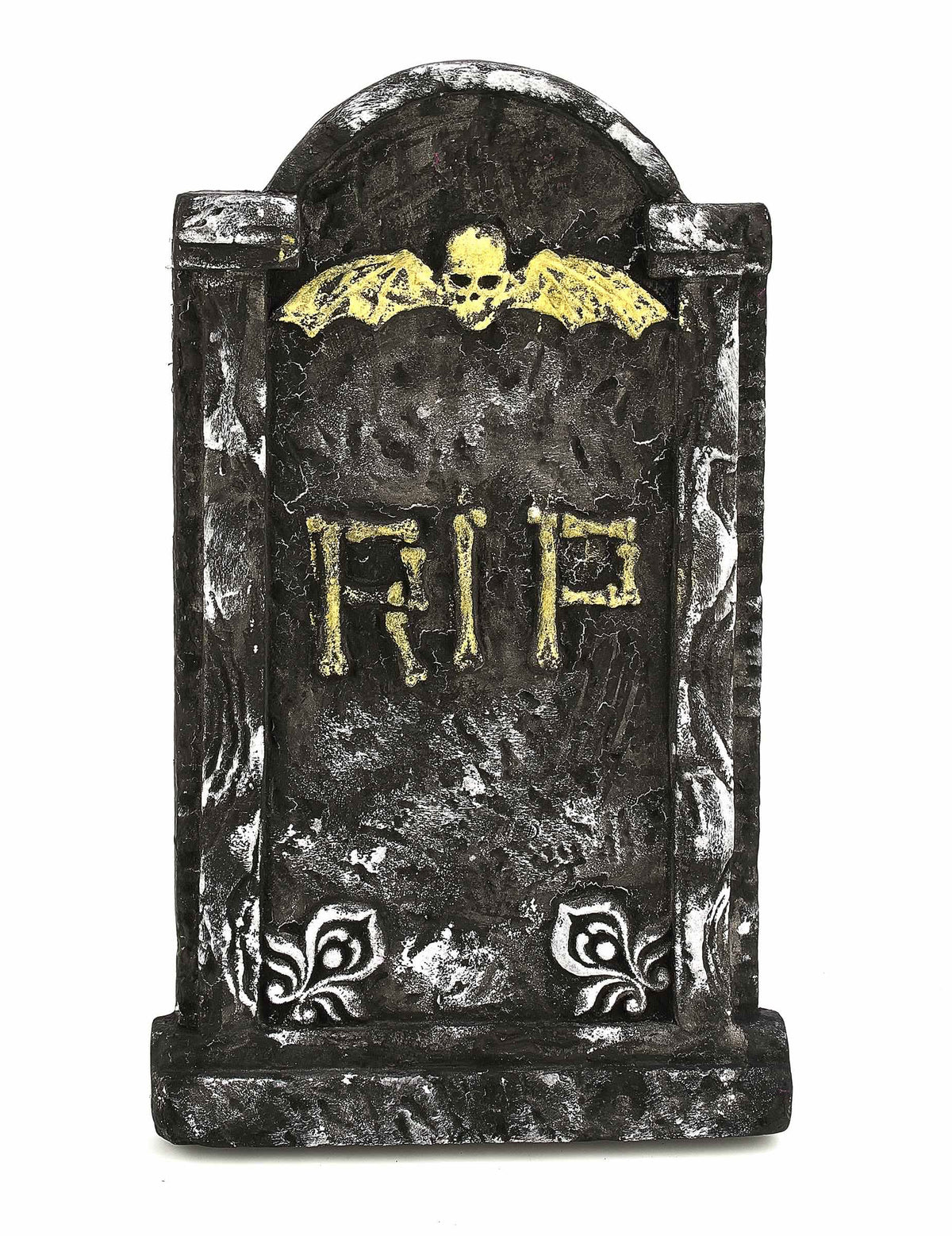 Decorațiune piatră funerară halloween gri și aurie cu craniu înaripat și inscripție RIP