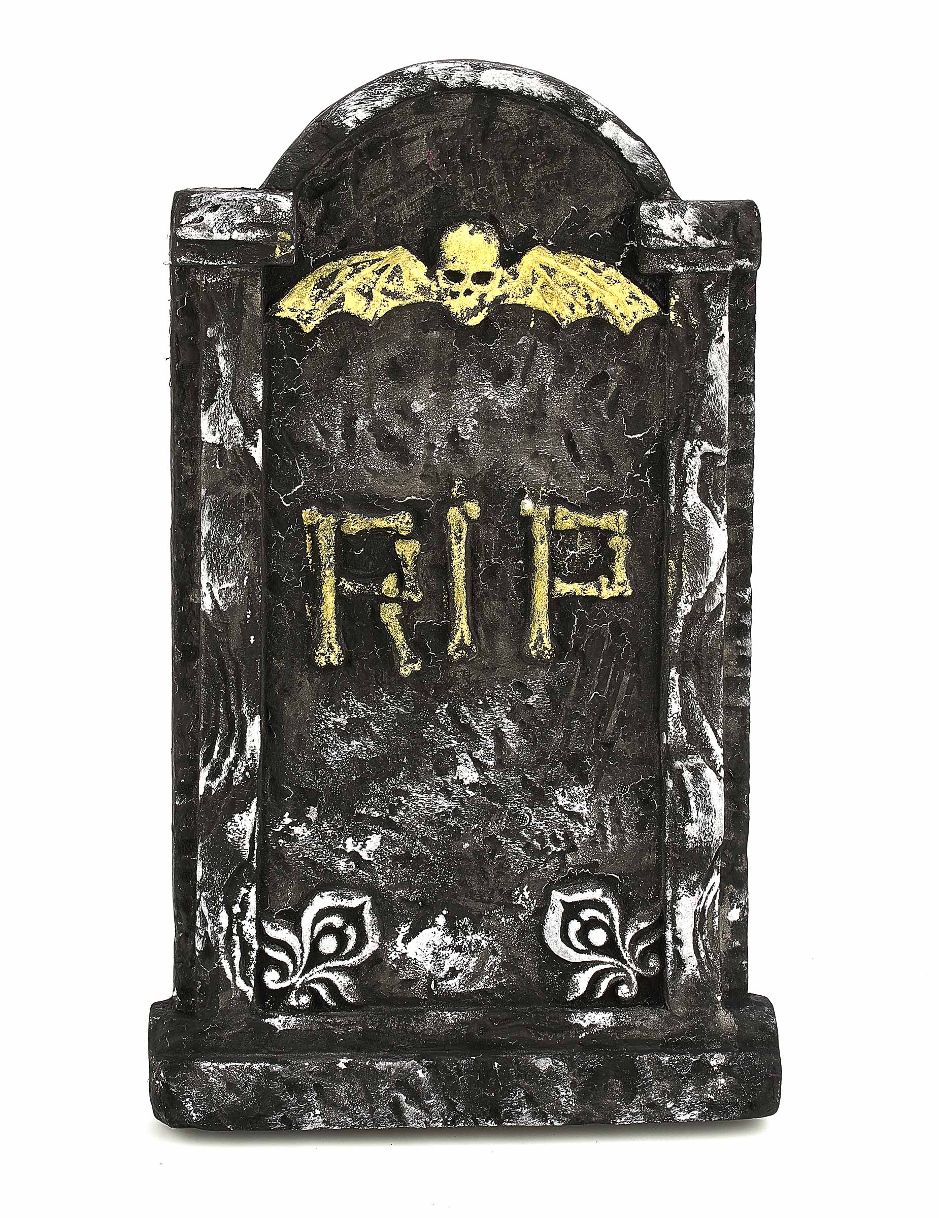 Décoration pierre tombale Halloween grise et dorée avec crâne ailé et inscription RIP