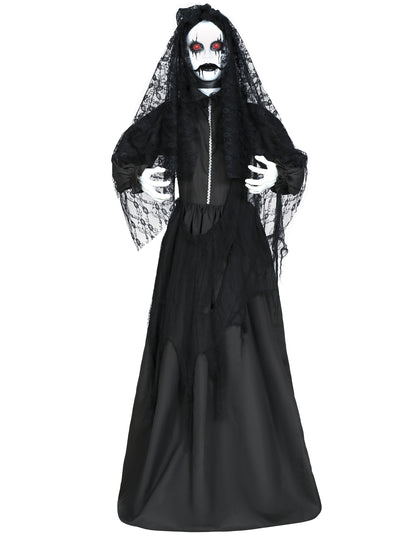 Décoration poupée animée de mariée pour Halloween lumineuse et sonore noire avec voile en dentelle
