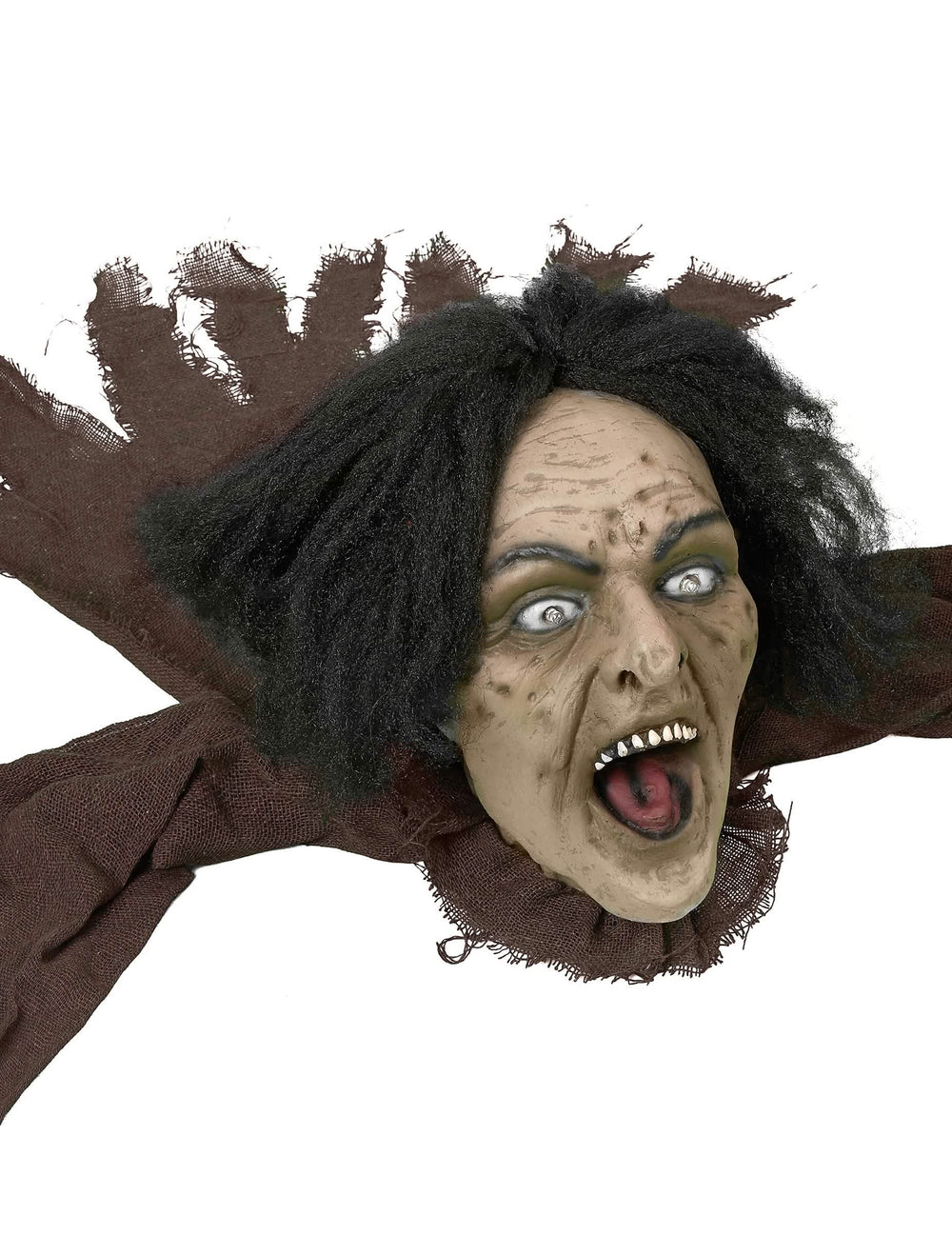 Prim-plan pe fața înfricoșătoare a decorațiunii de vrăjitoare cu sunet și lumină pentru halloween