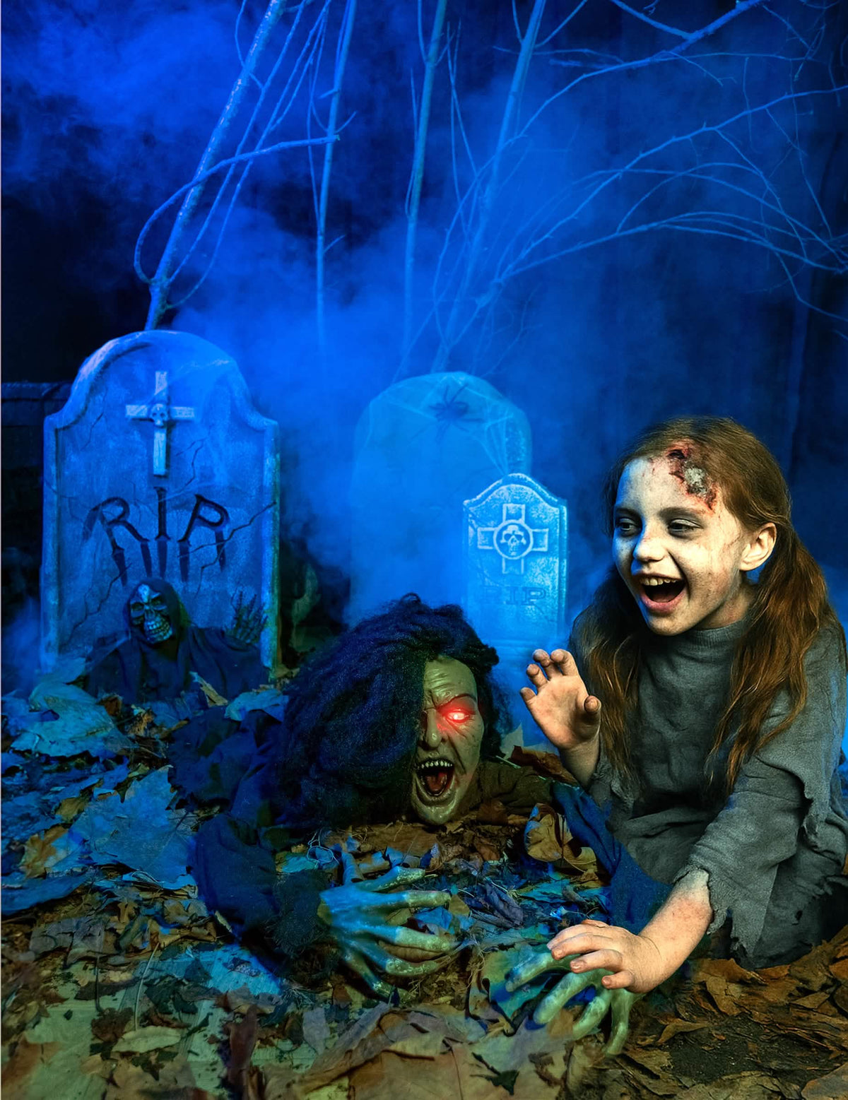 Decorațiune de halloween cu vrăjitoare, sonoră și luminoasă, verde, cu ochi roșii