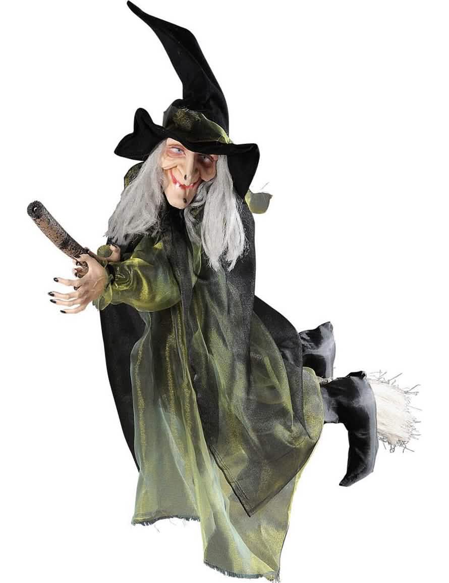 Decorațiune vrăjitoare zburătoare pe mătură pentru halloween, neagră și verde