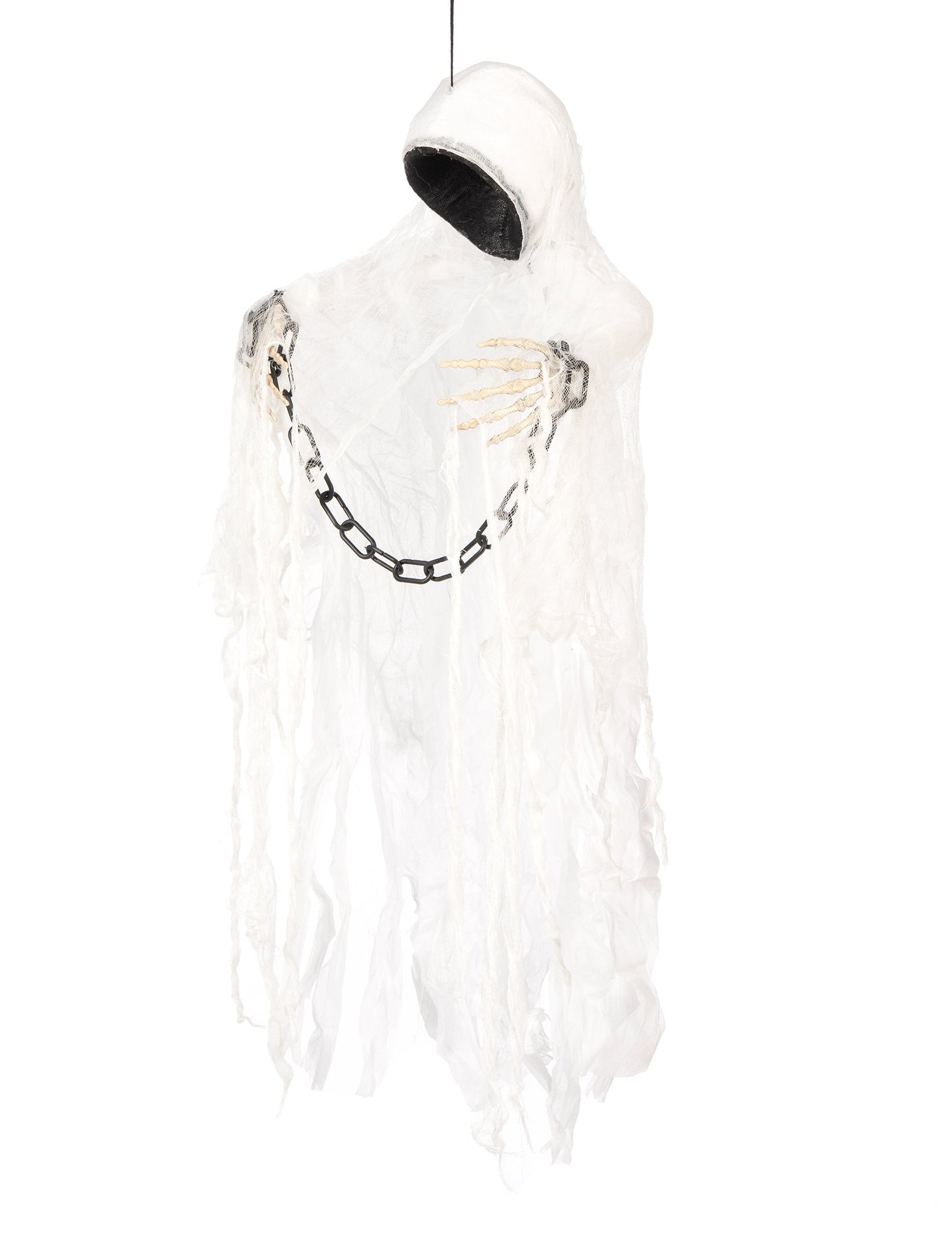 Détail des mains et de la capuche de la décoration squelette faucheuse enchainé pour Halloween