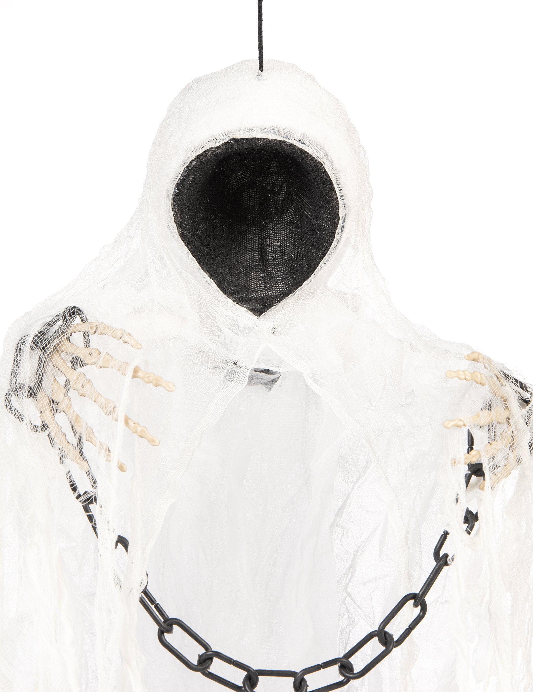 Gros plan sur le buste et les mains de la décoration squelette faucheuse enchainé