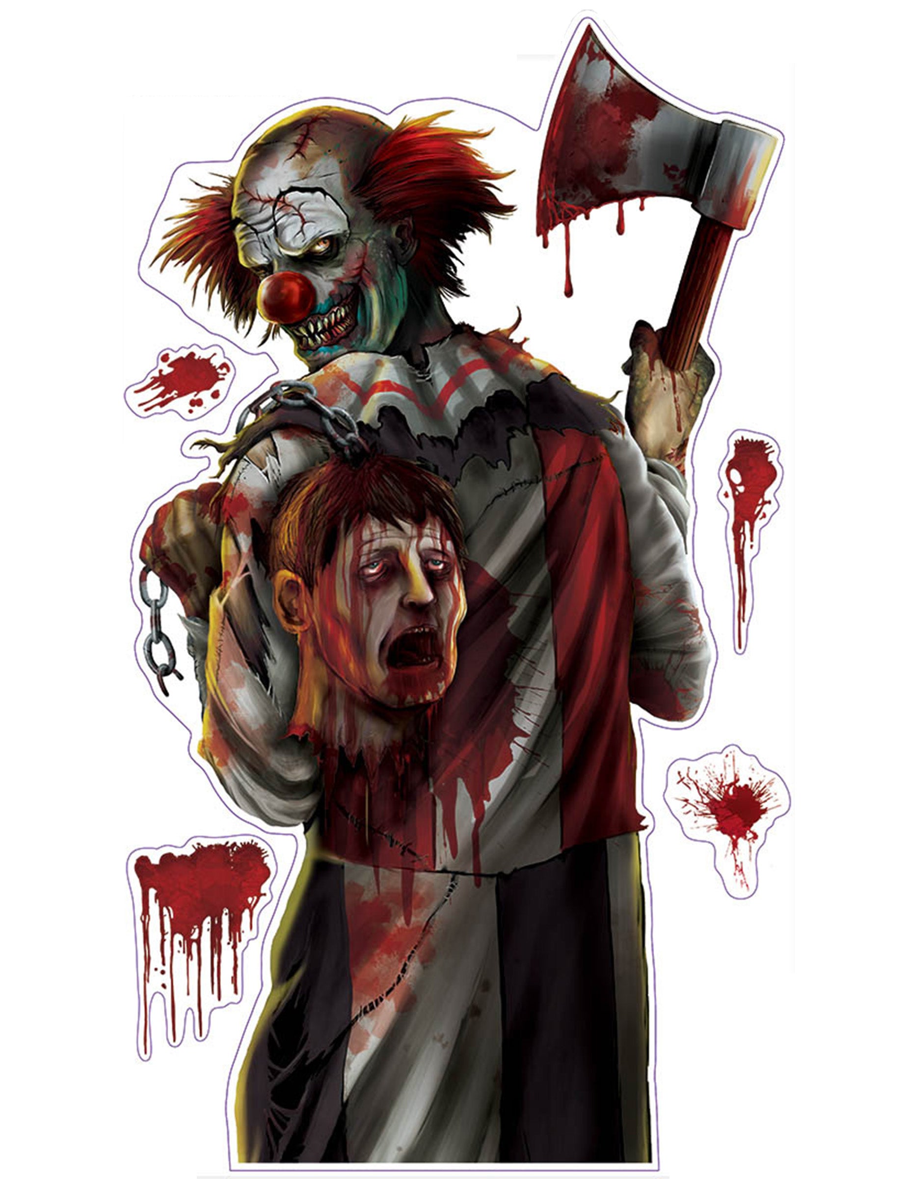 Autocollant clown ensanglanté pour Halloween avec hache et tête coupée