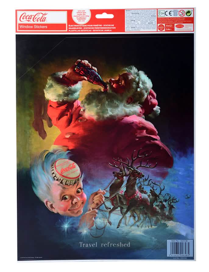 Planșă de stickere sub ambalaj pentru decorațiuni de geam Coca-Cola™ și moș crăciun