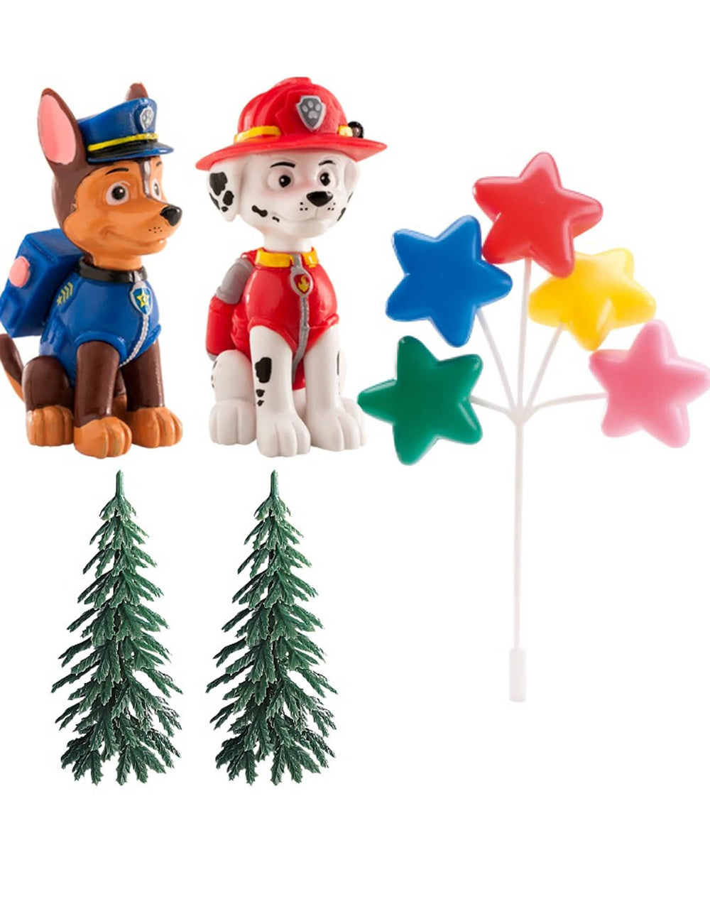 decorațiuni pentru tort Pat'Patrouille pentru copil figurine Chase et Marcus cu brazi și buchet de stele