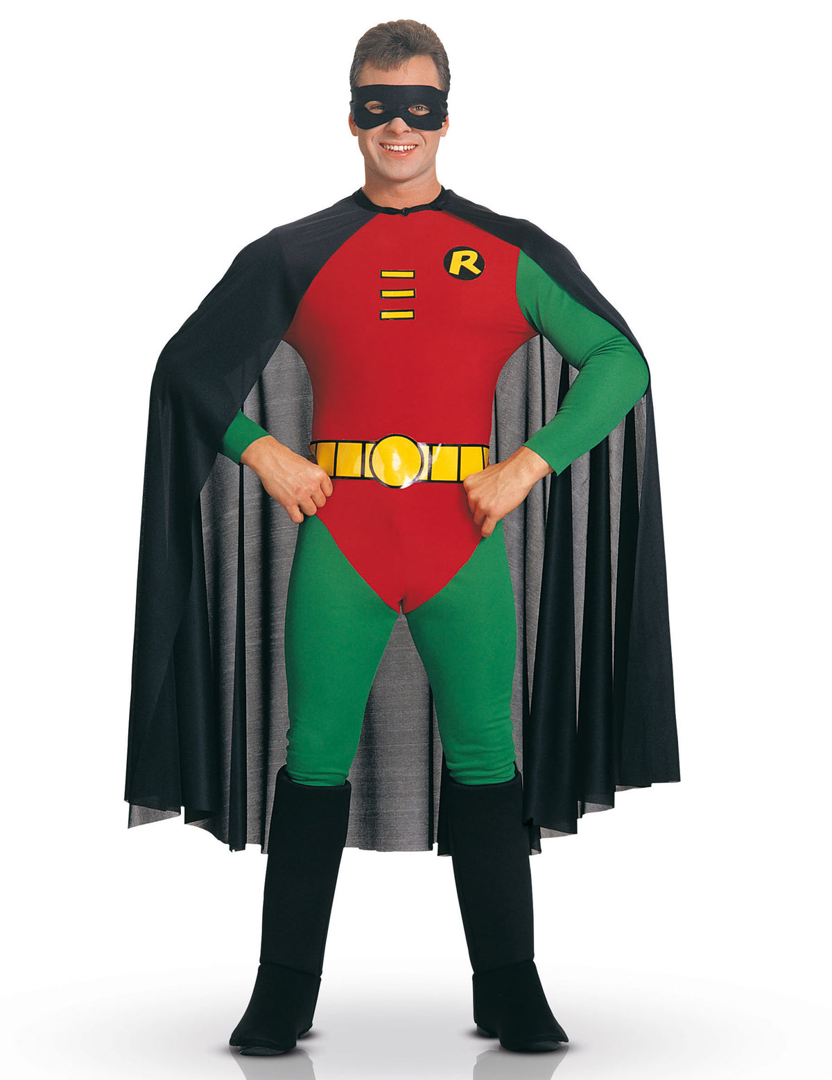 Déguisement Robin™ pour adulte rouge et vert avec cape noire et masque
