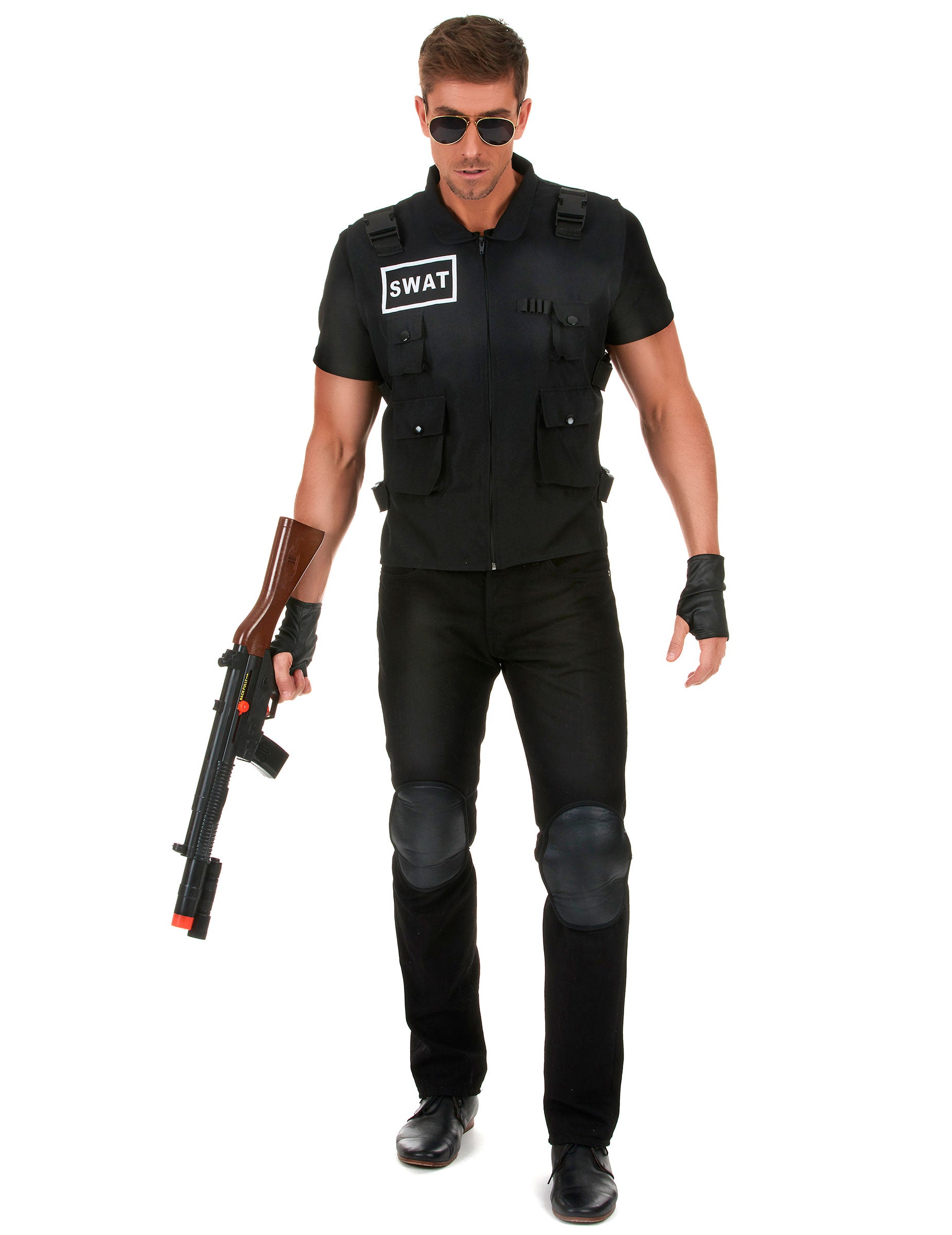 Déguisement agent du SWAT pour homme noir avec gilet et lunettes de soleil