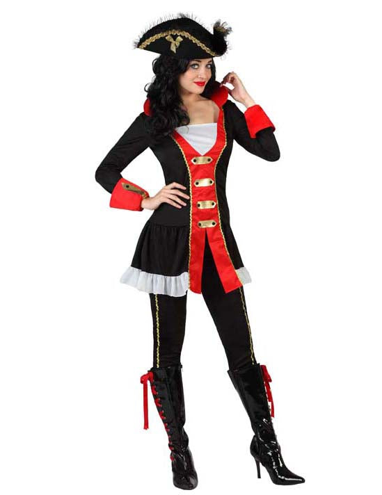 Déguisement amiral pirate pour femme noir et rouge avec chapeau