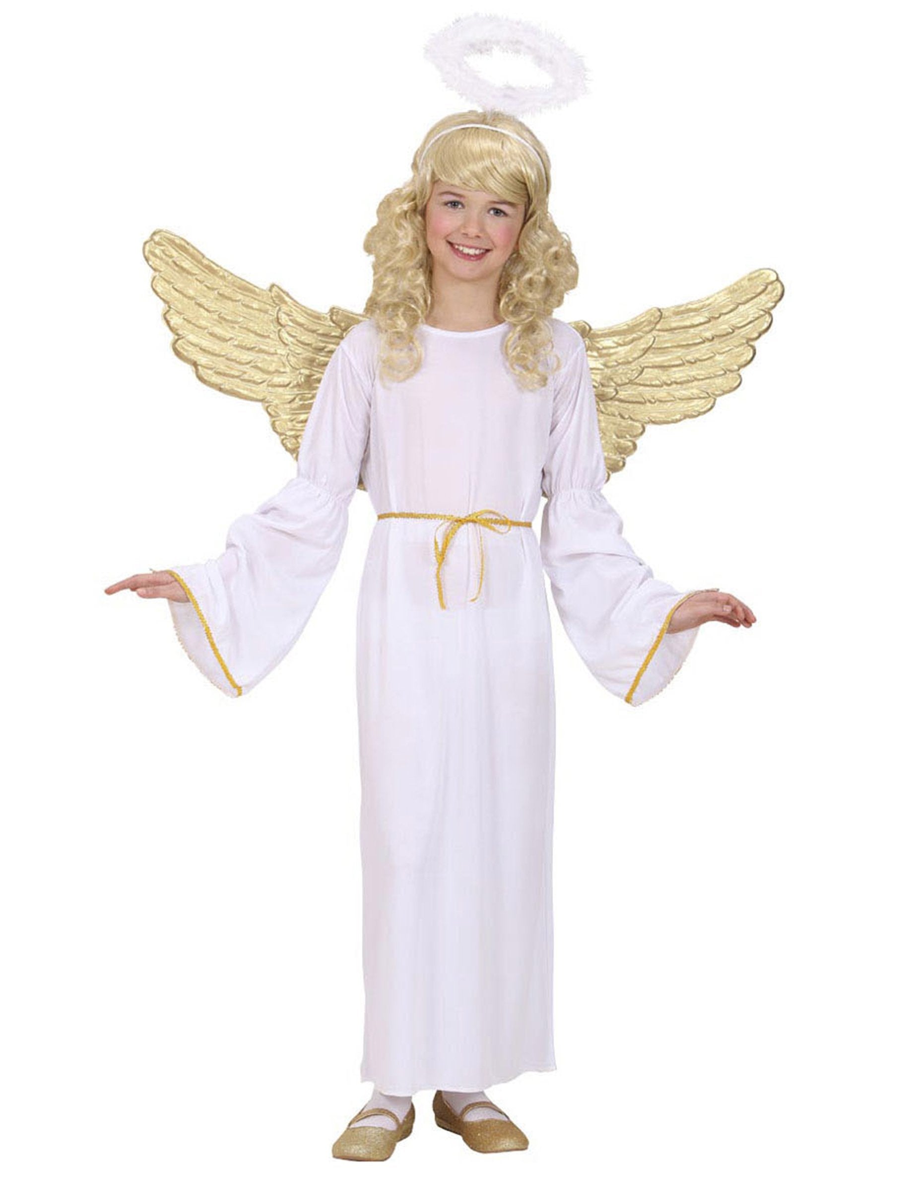 Costum de înger pentru copil alb și auriu cu aripi și aureolă