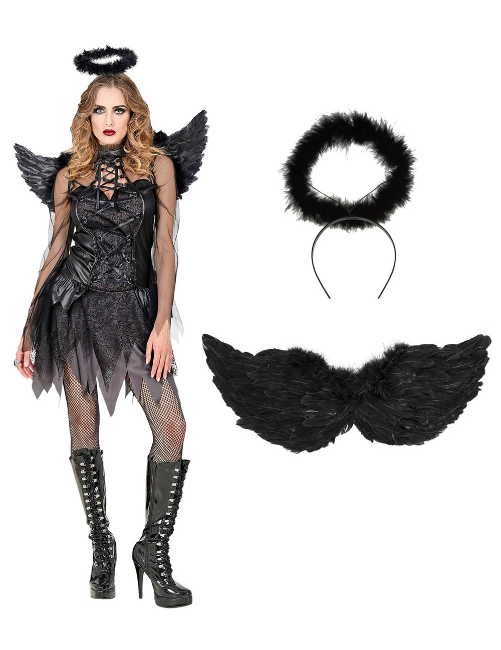 Détail des ailes et de l'auréole du déguisement ange noir pour femme
