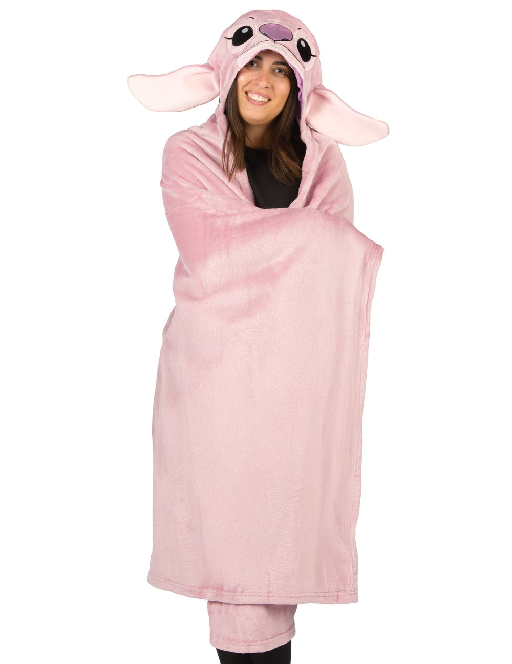 Vue de face porté du déguisement plaid polaire à capuche Angel Lilo & Stitch
