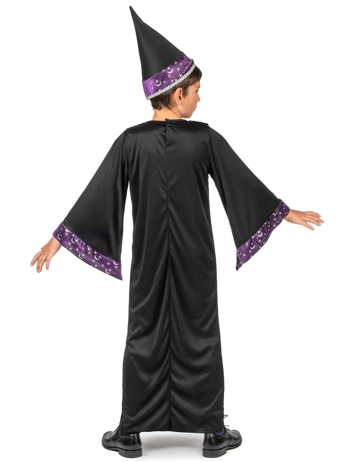 Déguisement d'apprenti sorcier pour enfant noir et violet avec chapeau pointu