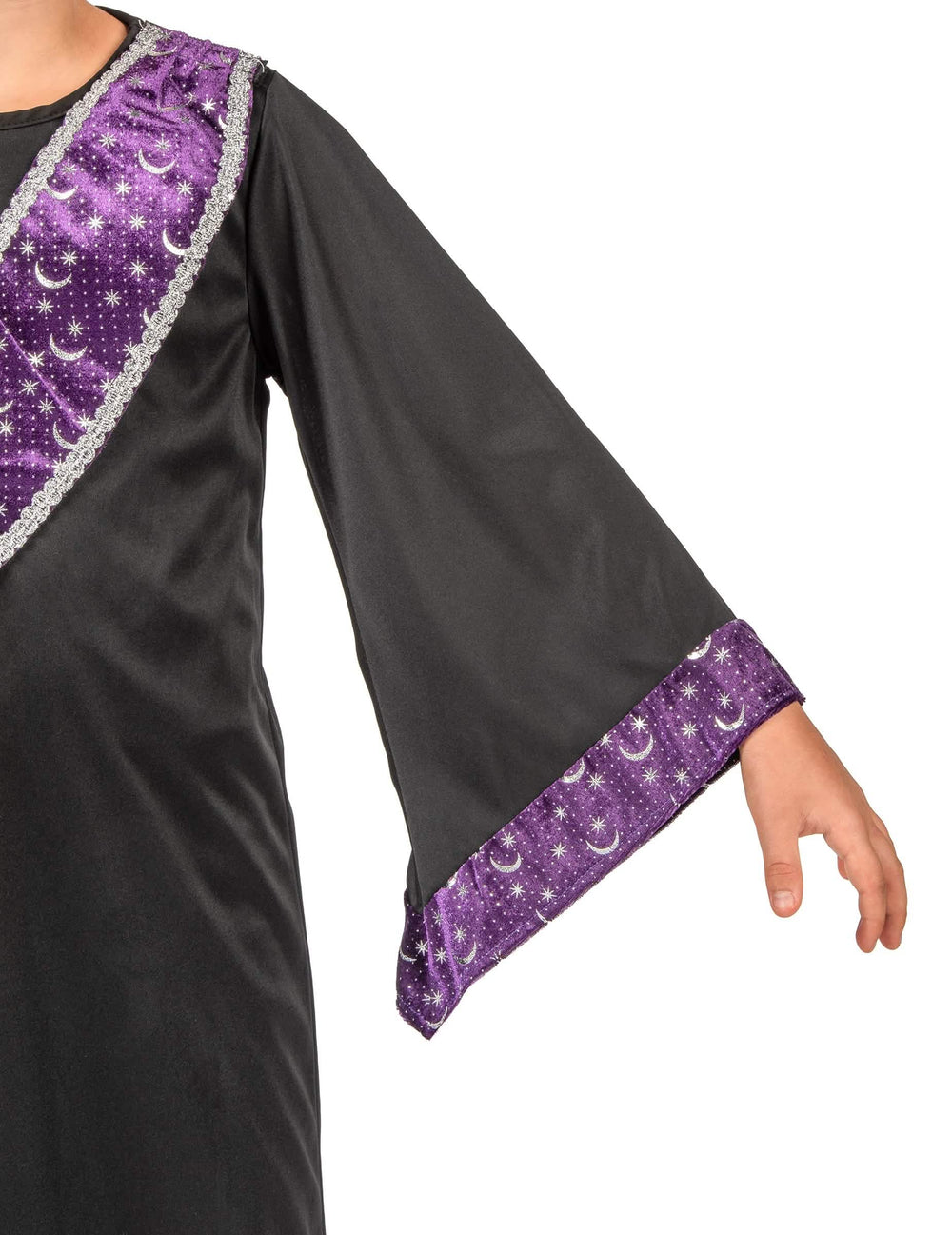 Détail de la manche évasée à motifs lunes du déguisement d'apprenti sorcier pour enfant