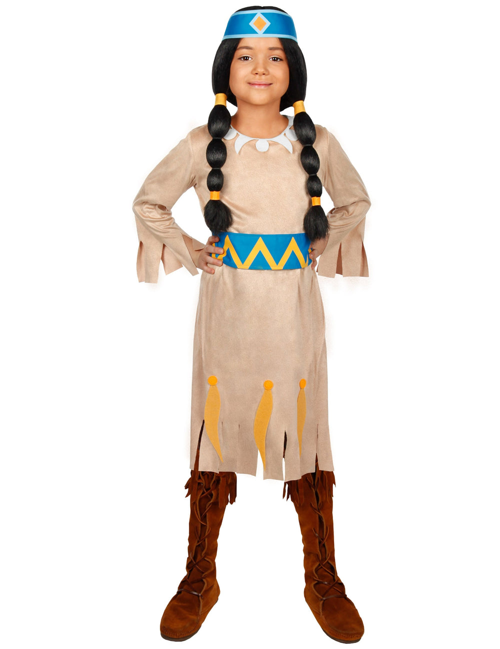 Déguisement Arc-en-Ciel - Yakari™ pour fille beige avec ceinture bleue et jaune