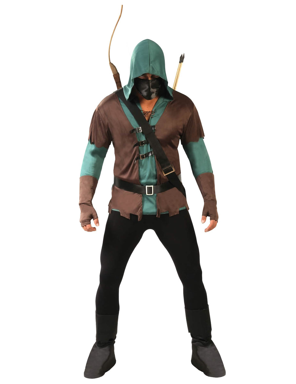 Costum de arcaș mascat pentru bărbat verde și maro cu glugă și arc