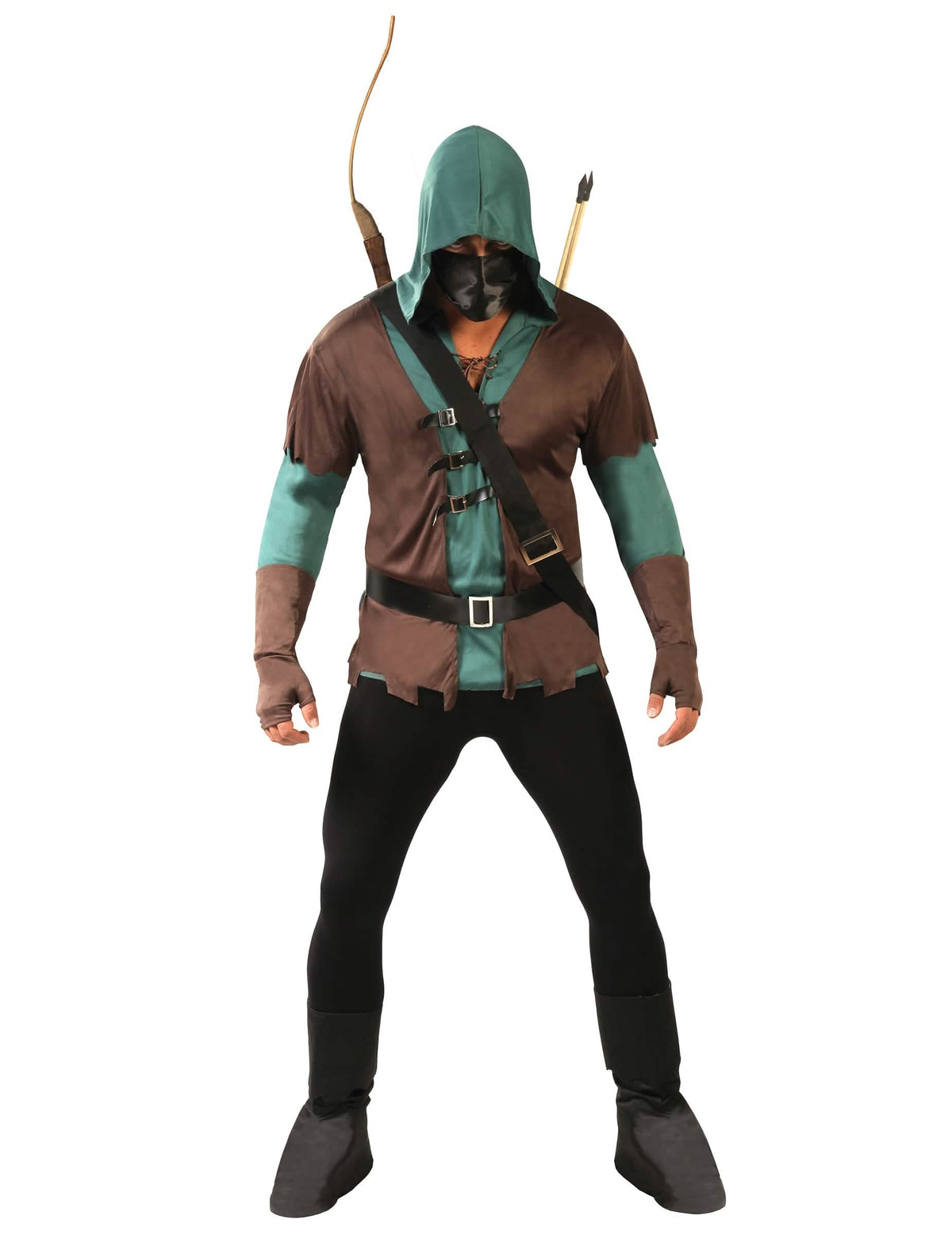Costum de arcaș mascat pentru bărbat verde și maro cu glugă și arc