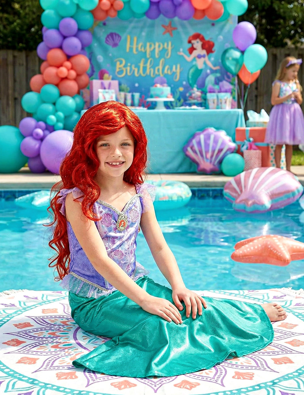 Mise en scène au bord d'une piscine du déguisement Ariel la Petite Sirène™ classique pour fille