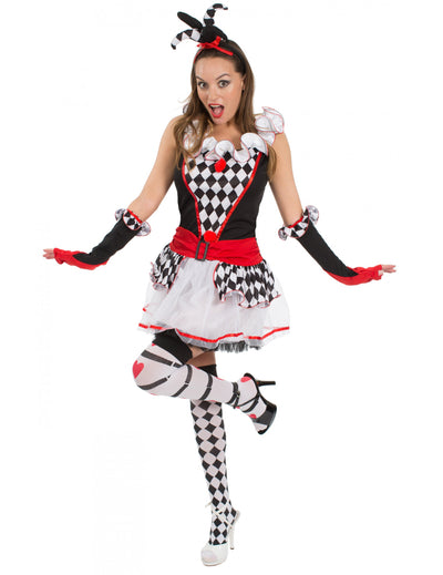 Costum de Arlechin în carouri pentru femei, alb și negru, cu accente de roșu