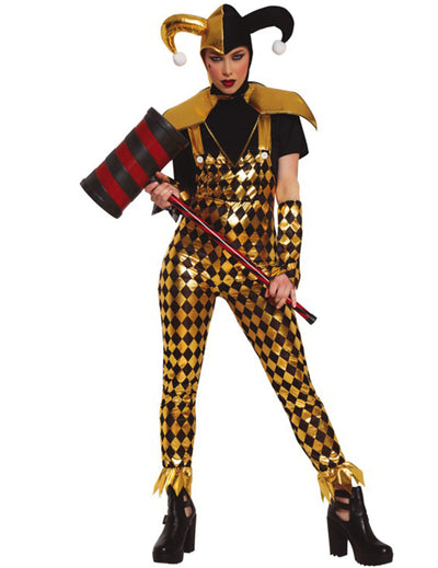 Costum de arlechin pentru femei, auriu și negru, cu pălărie