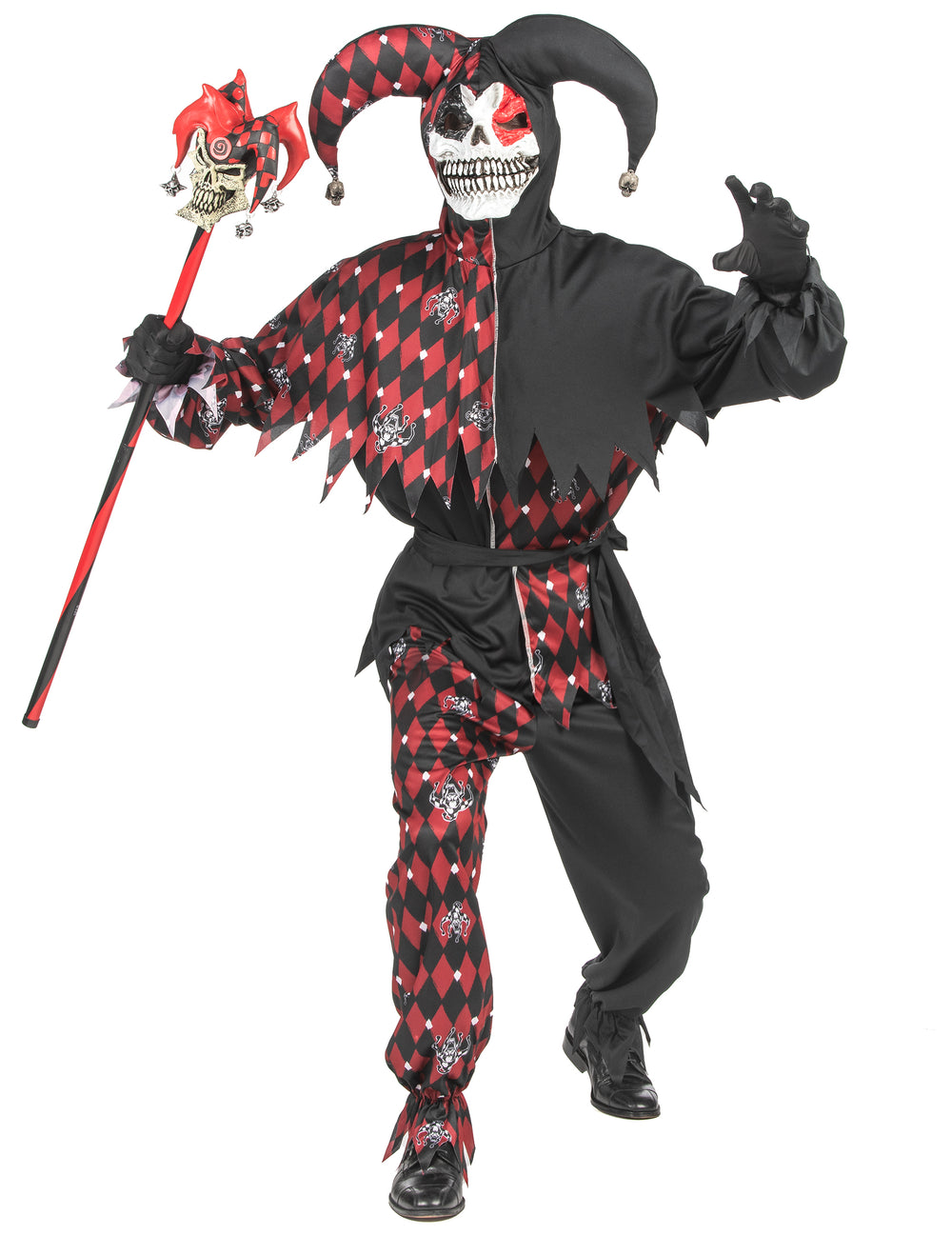 Déguisement Arlequin du mal luxe pour homme rouge et noir avec masque de squelette