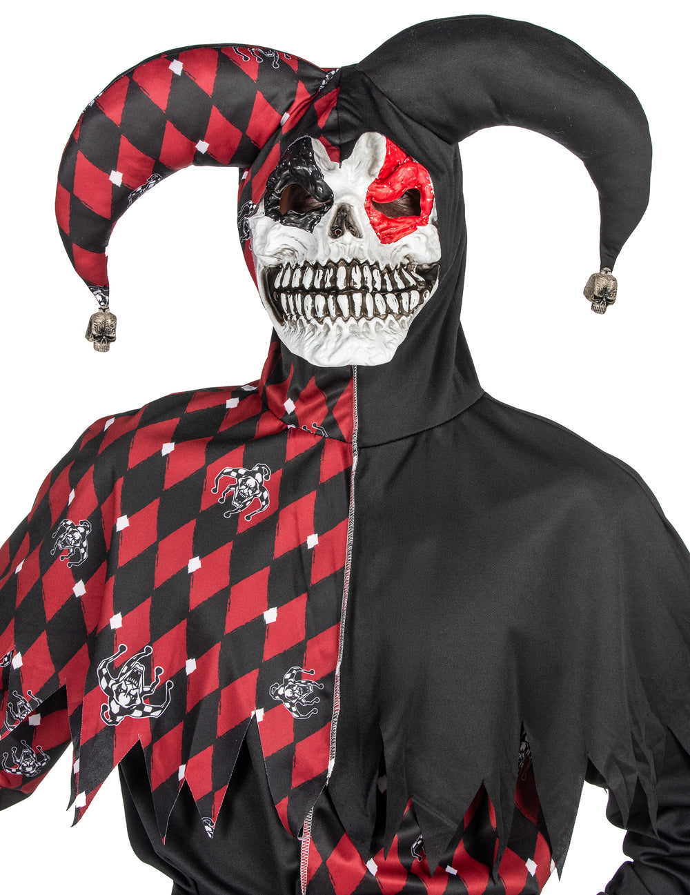 Gros plan sur le buste et le masque du déguisement Arlequin du mal luxe pour homme
