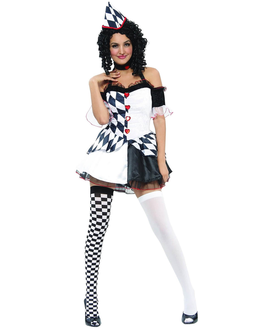 Costum sexy de arlechin pentru femeie alb și negru, cu modele în romburi și inimi roșii