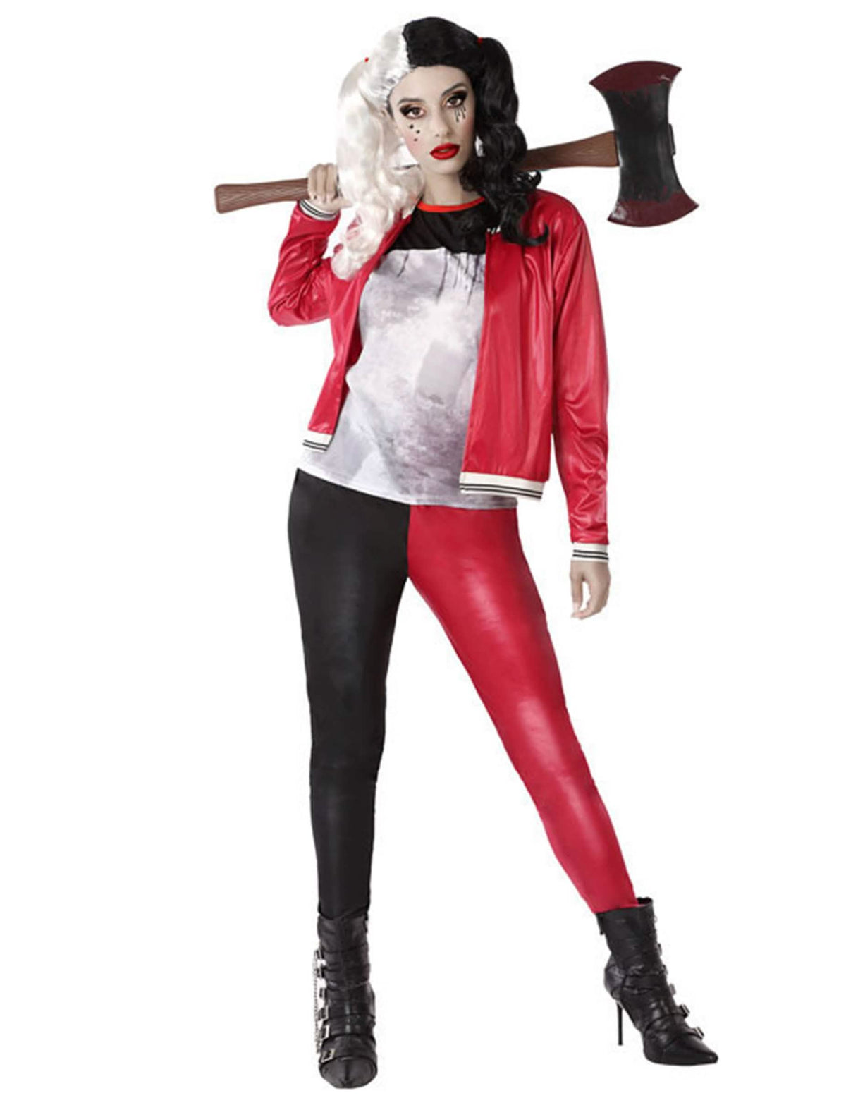 Costume de asasin nebun pentru femeie roșu și negru cu jachetă și colanți