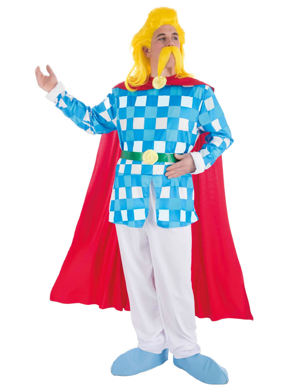Costum Assurancetourix™ pentru adult în carouri albastre și albe cu pelerină roșie